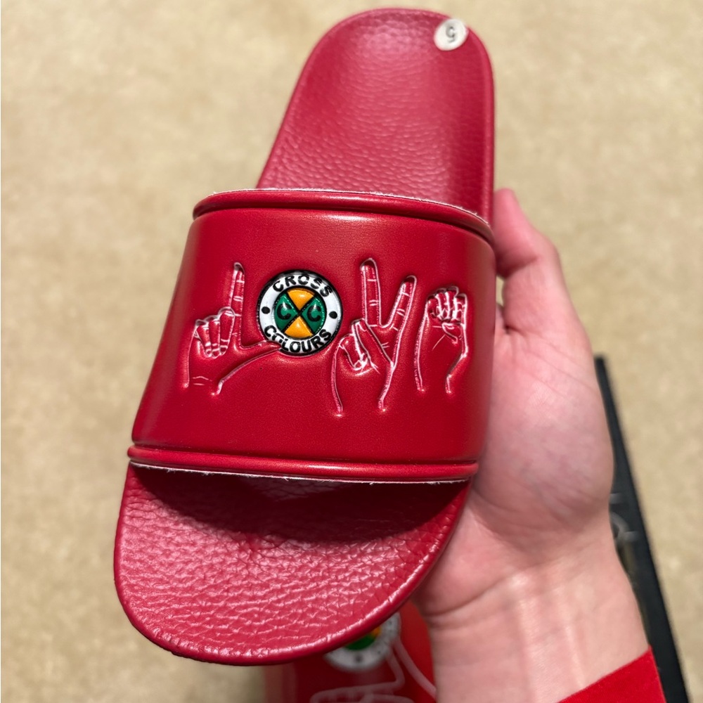 Size 5 Womens - Cross Colours CXC Love Is Love Sign Language Red Slides Sandals
